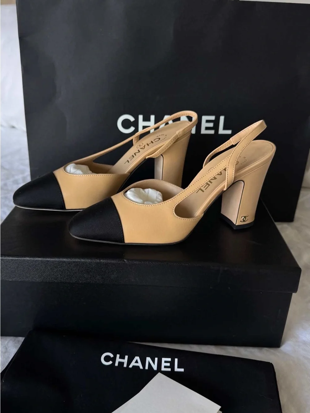 CHANEL Two-Tone Slingback Pumps in Beige and Black